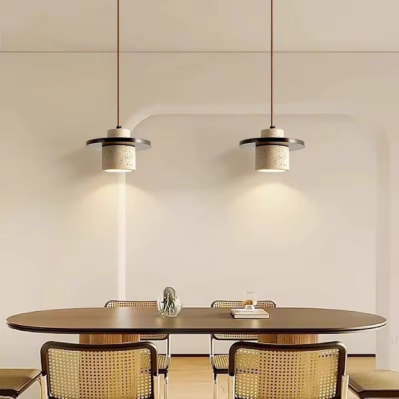 Yellow cave stone and wood pendant light measuring 30cm wide by 20cm high
