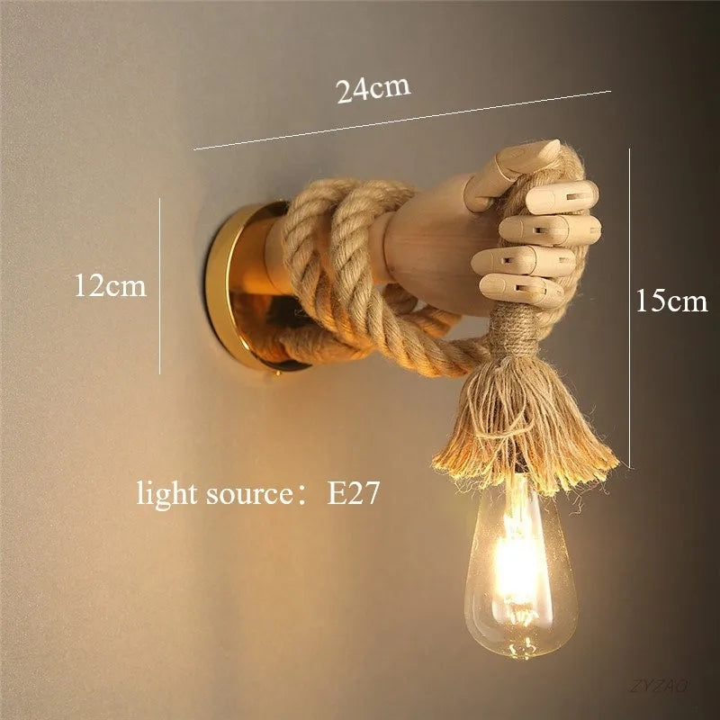 Hand bar wall lamp with hemp rope