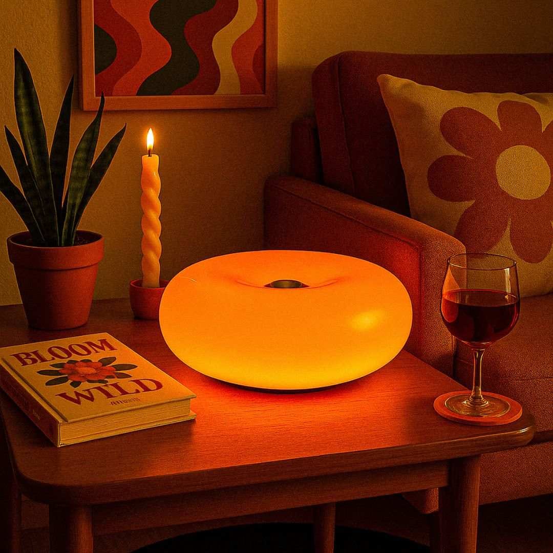 A glowing orange donut-shaped lamp sits on a wooden table in a cozy living room setting, surrounded by a wine glass, a potted plant, a candle, and a book.