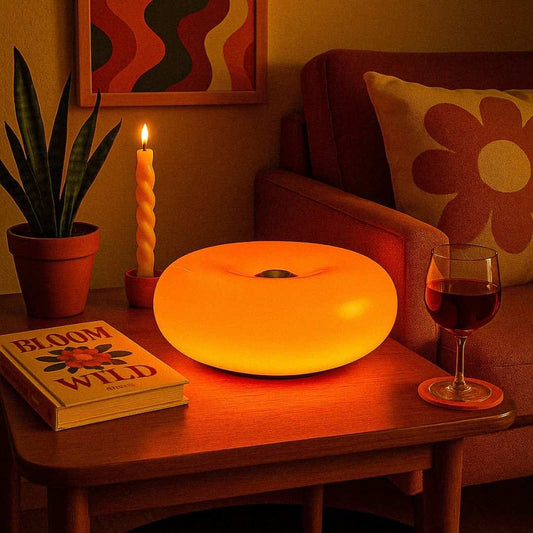 A glowing orange donut-shaped lamp sits on a wooden table in a cozy living room setting, surrounded by a wine glass, a potted plant, a candle, and a book.