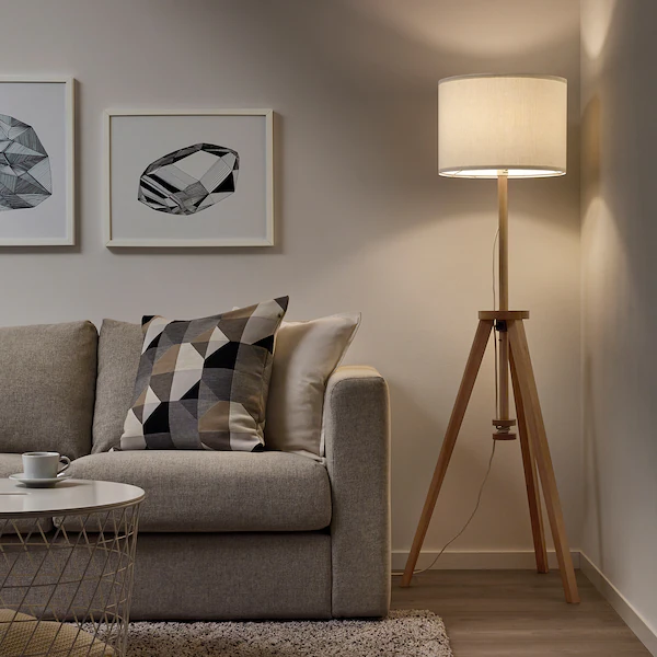 Living room with a gray sofa, decorative pillows, a wooden floor lamp, and framed artwork on the wall.