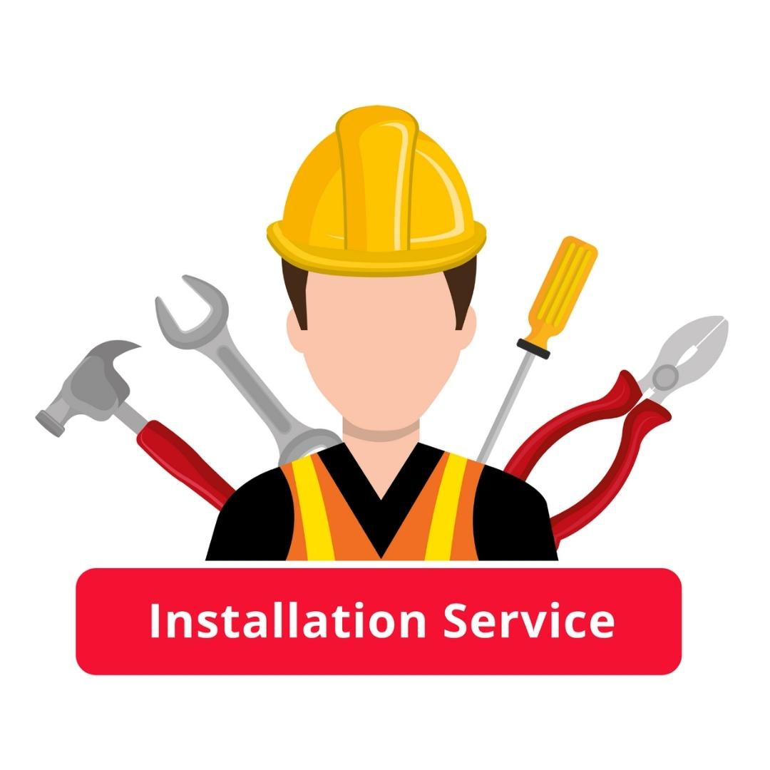 Illustration of a technician in a yellow hardhat and safety vest surrounded by tools above a banner reading Installation Service
